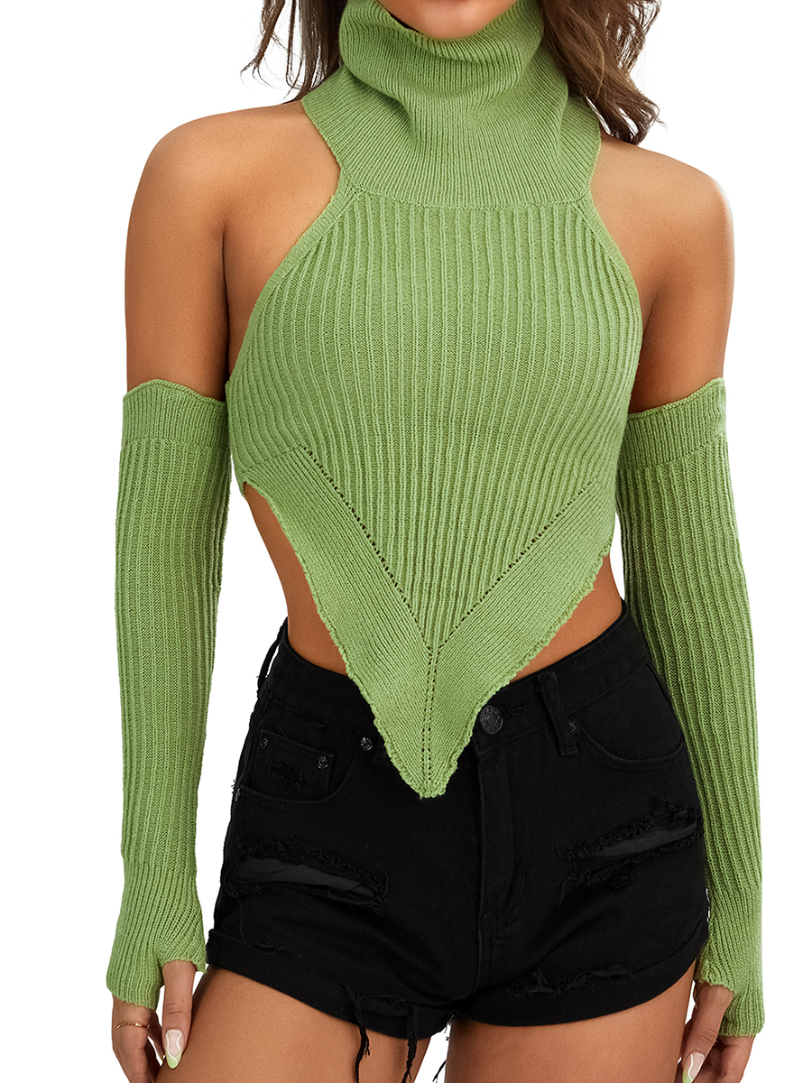 Women Halterneck Ribbed Vest Long Sleeve Sweater Crop Mock Neck Slim Pullover Asymmetrical Hem Jumper Top Streetwear alx