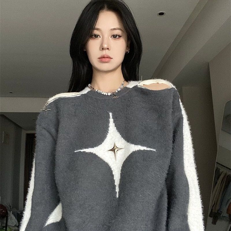 WARM2022 New Autumn Harajuku Retro Contrast Color Star Sweater Sexy Slash Neck Off Shoulder Long Sleeve Tops Fashion Y2k Jumpers alx