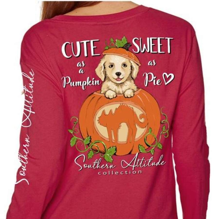 Southern Attitude Preppy Pumpkin Puppy Fall Maroon Long Sleeve T-Shirt