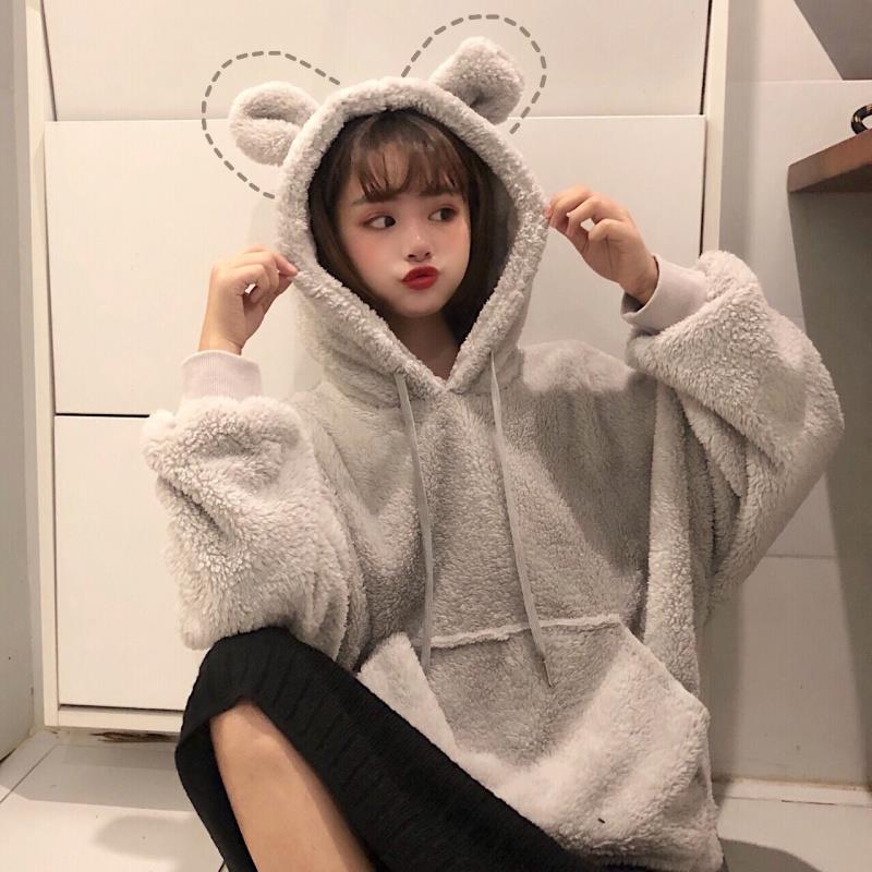 Autumn Winter Women Hoodie Sweatshirt Cute Bunny Ears Cartoon Kawaii Soft Fleece Pullover Casual Flannel Sweatshirt Overcoat alx