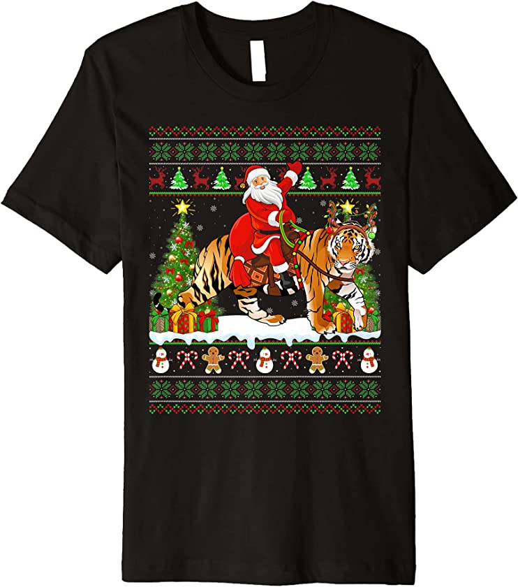 Tiger Lover Xmas Lighting Ugly Santa Riding Tiger Christmas Premium T-Shirt