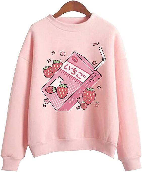 DIOMMELL Japanese Aesthetic Hoodies Strawberry Milk Cute Kawaii Sweatshirts Pullovers Tops