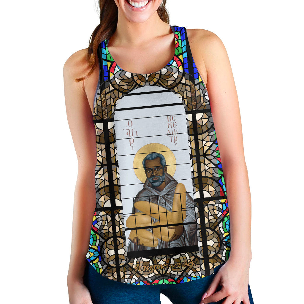 Saint Benedict Of The African On Stained Glass Women Racerback Tank Rlt13