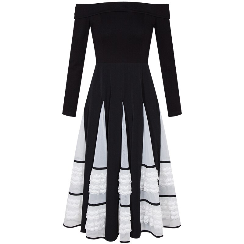 YIGELILA Autumn Fashion Women Black Dress Slash-neck Long Sleeves Elegant A-line Dress Dinner Party Dress Mid-calf 65241 alx
