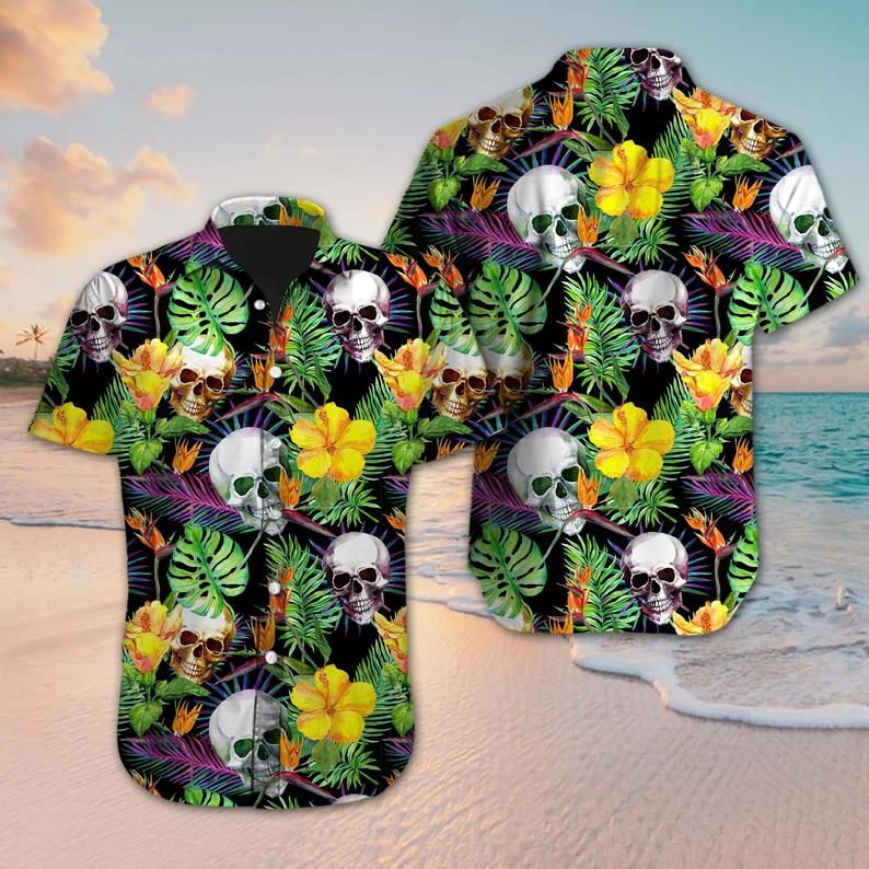 Skull Graphic Print Short Sleeve Hawaii Casual Shirt Ha53058