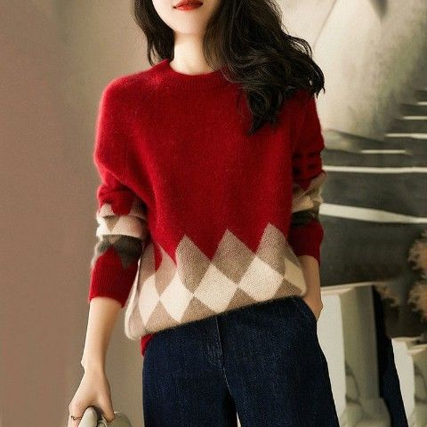 Autumn Winter Round Neck Vintage Diamond Patchwork Sweater Loose Casual Jumper Women Elegant Fashion All-match Knitting Pullover alx