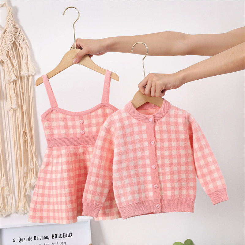 Autumn Winter Girls Clothes Lovely Sweet Plaid Sweater Sets Korean Fashion Kids Knitted Cardigan+Dress Two Piece Set alx