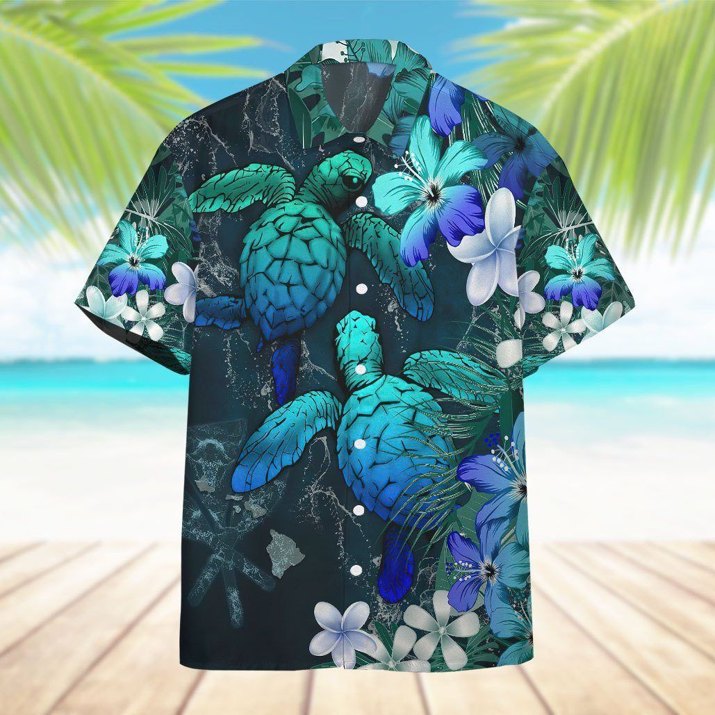 Sea Turtle Tropical Hibiscus And Plumeria Blue Hawaiian Shirt Ha7561