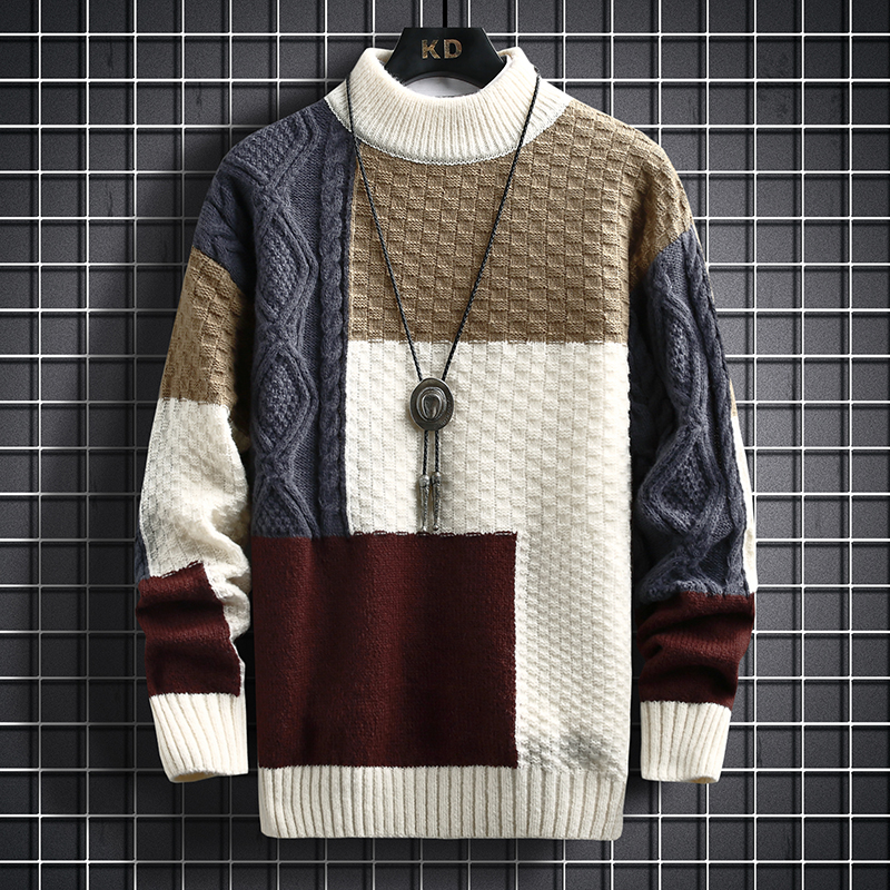 2022 Autumn and Winter New Sweater Warm Fashion Stitching Color Matching Pullover Round Neck Sweater Thickened Knitted Sweater alx