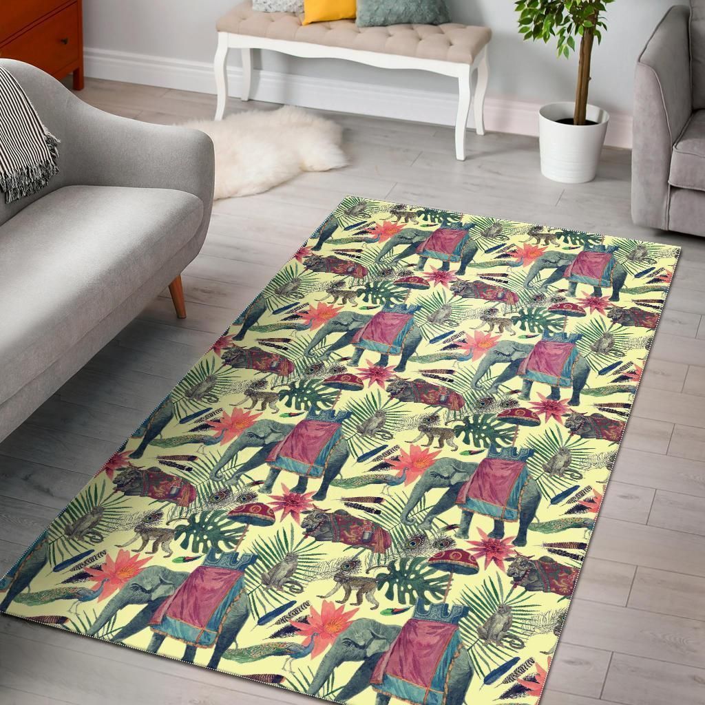 Tropical Elephant Print Area Rug, Kitchen Carpet