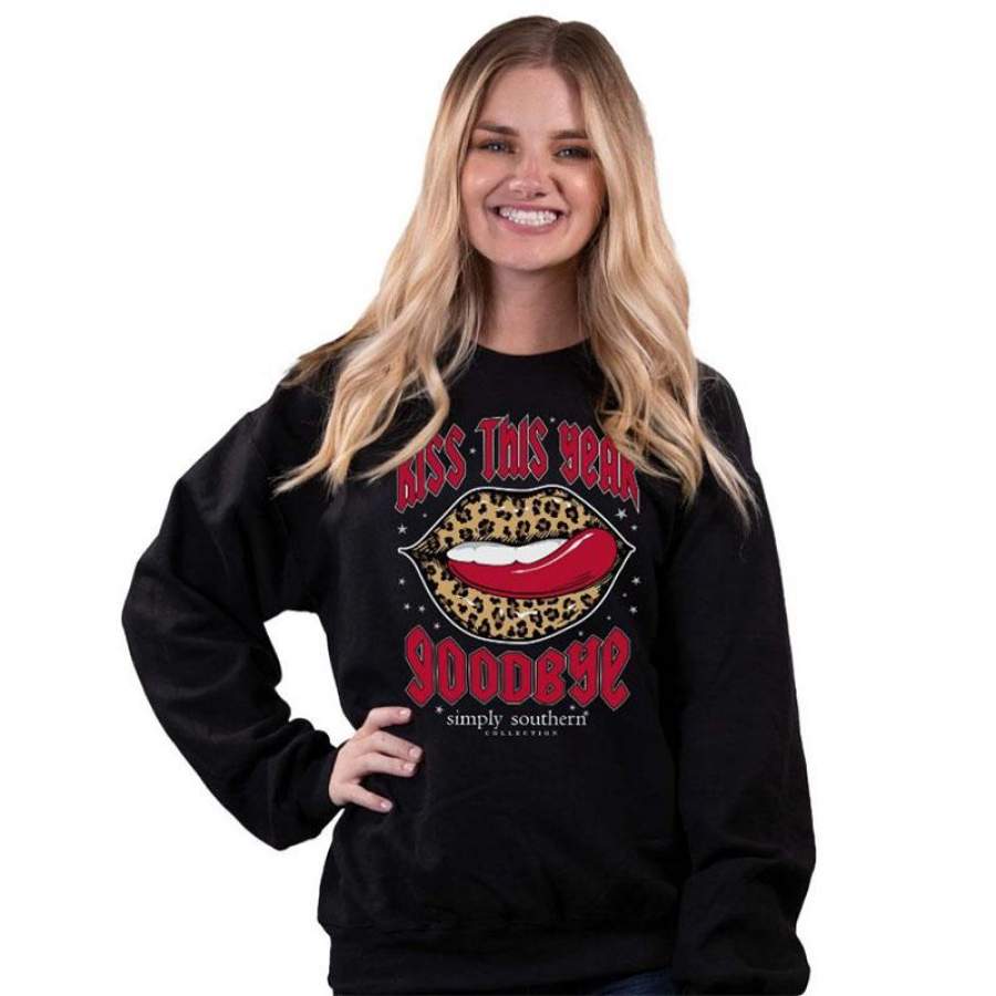 Simply Southern Kiss This Year Goodbye Leopard Lips Long Sleeve Crew Sweatshirt