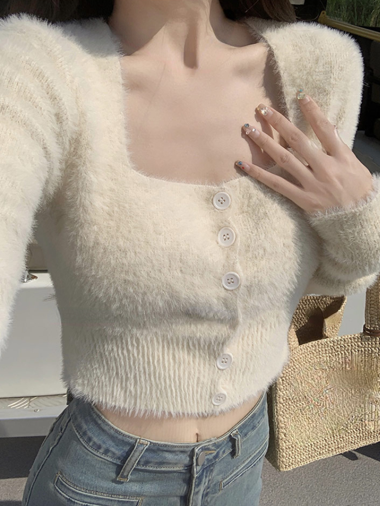 Square Collor Knit Sweater Women Sweet Elegant Y2k Crop Tops Female 2022 Autumn Pure Color Elegant Pullover Korean Clothing Chic alx