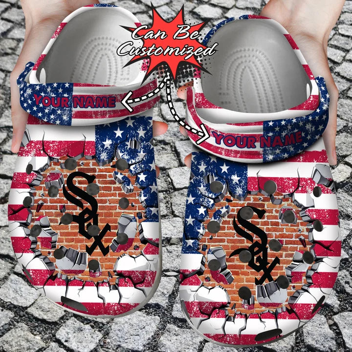 Baseball Crocss – Personalized C.White Sox American Flag Breaking Wall Clog Shoes