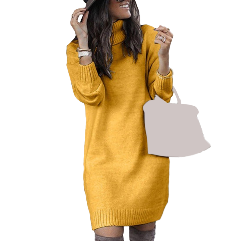 Women Solid Color Turtleneck Long Sleeve Casual Loose Knitted Sweater Dress Casual Warm Autumn Women’s Sweater alx