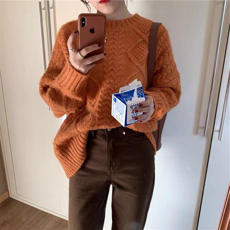 women blue gray pink thickened warm sweater 2022 winter autumn streetwear long sleeve solid color retro pullover sweaters Female alx