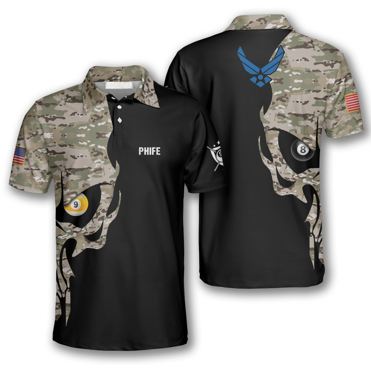 Skull Camo Air Force Logo Custom Billiard Shirts For Men, Men’S Billiard Polo Shirts