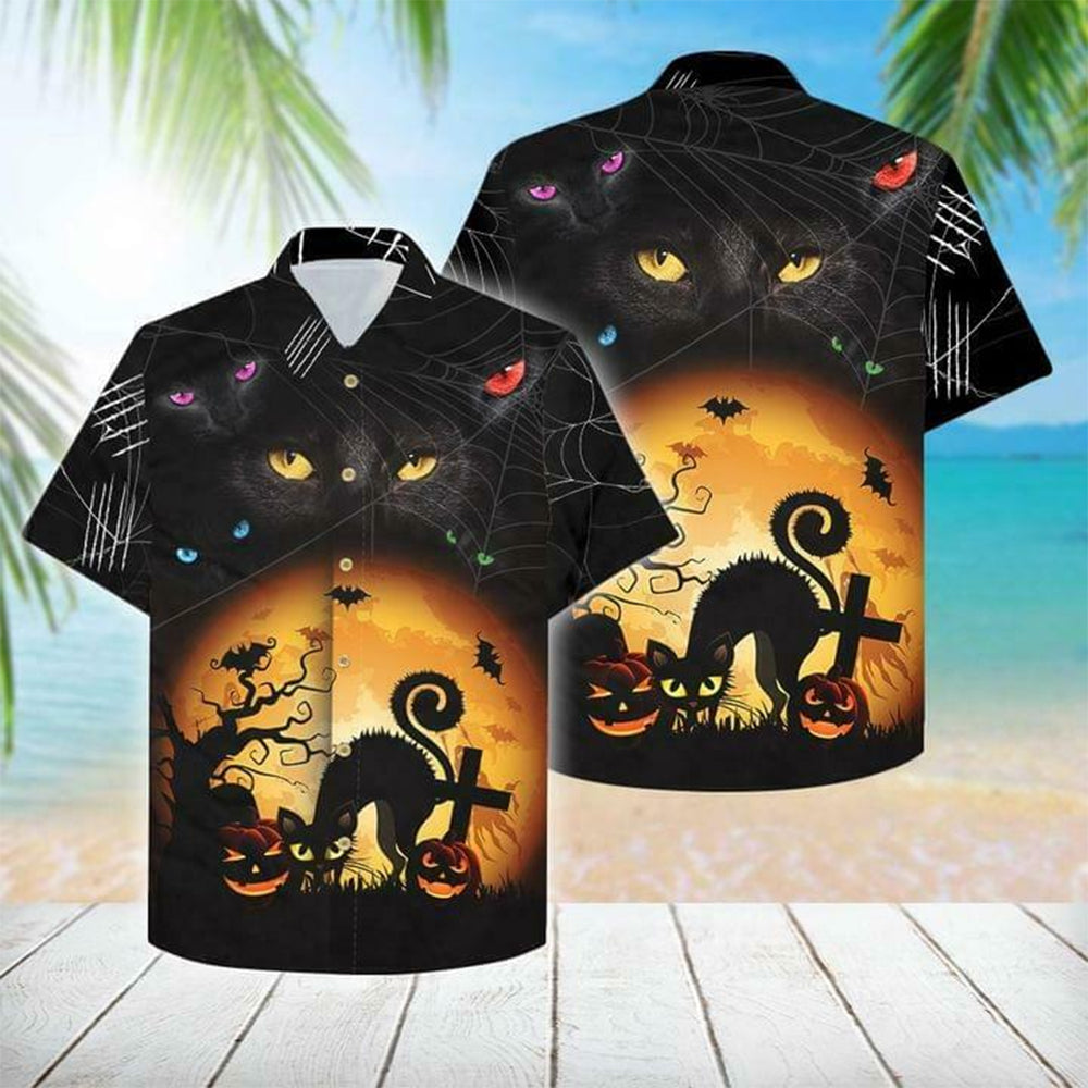 Just Give Me A Black Cat Eyes Halloween Orange Unisex Hawaii Shirts Ha48844