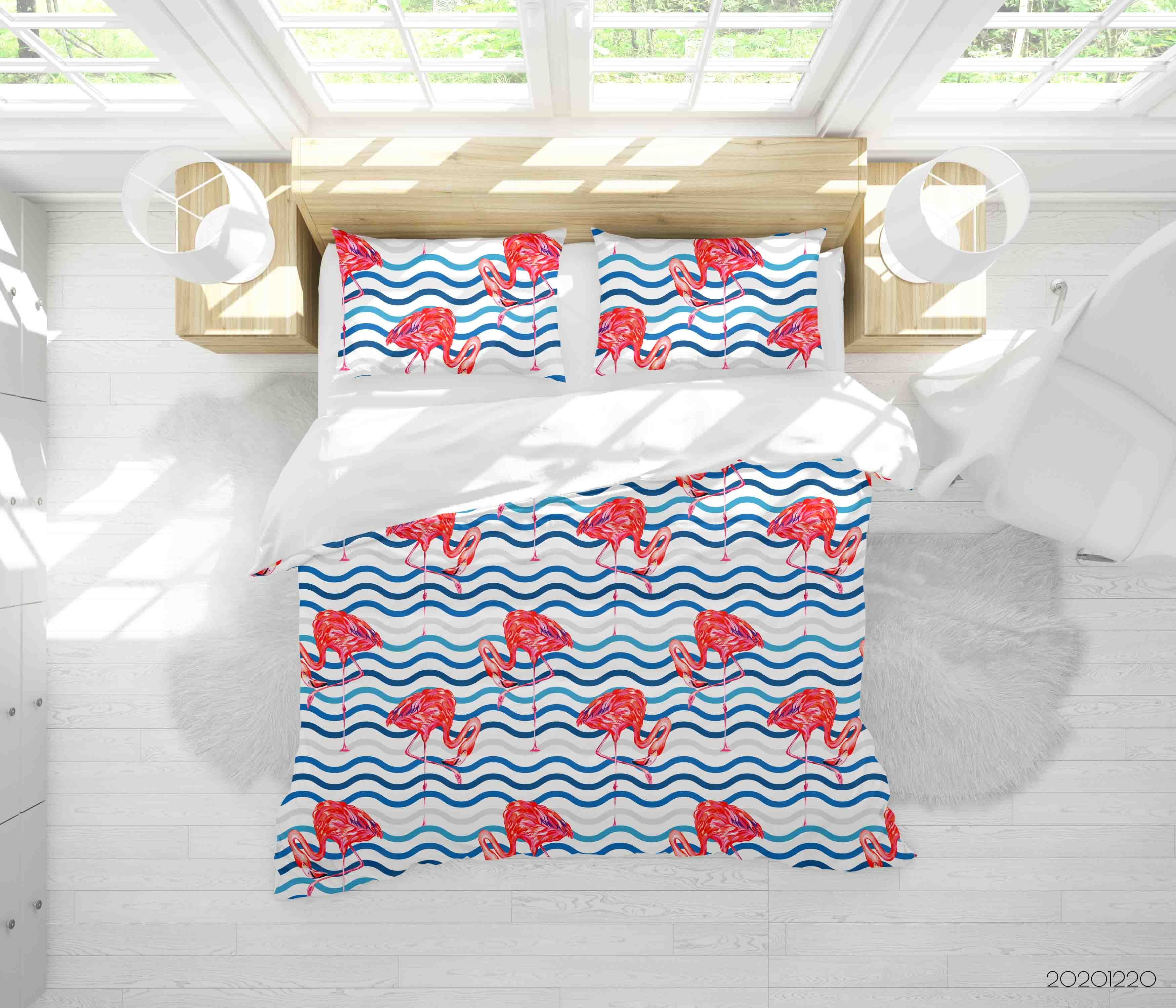 3D Animal Flamingo Blue Geometric Wavy Quilt Cover Set Bedding Set Duvet Cover Pillowcases 109