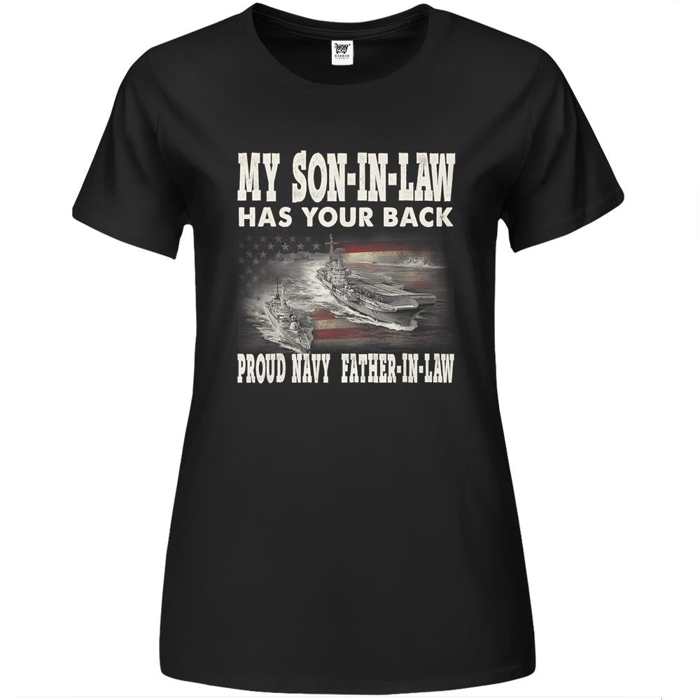 Mens Proud Navy Father-In-Law My Son-In-Law Has Your Back Premium Womens T Shirts