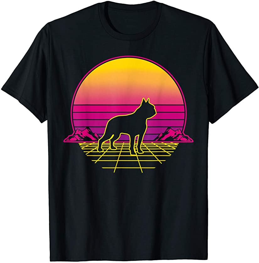 Boston Terrier Dog Puppy Retro Vintage Sunset Gift T-Shirt