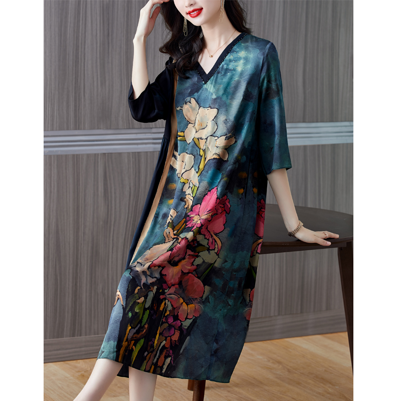 ZUOMAN Summer Vintage Print Mulberry Silk Midi Dress 2022 Casual 4XL Plus Size Dress Women Elegant Bodycon Party Vestidos alx