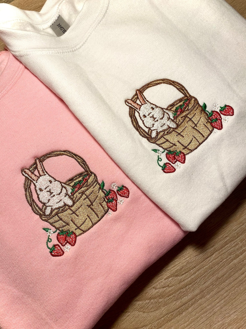 Strawberry Basket Bunny Embroidered Sweatshirt 2D Crewneck Sweatshirt All Over Print Sweatshirt For Women Sweatshirt For Men Sws3732