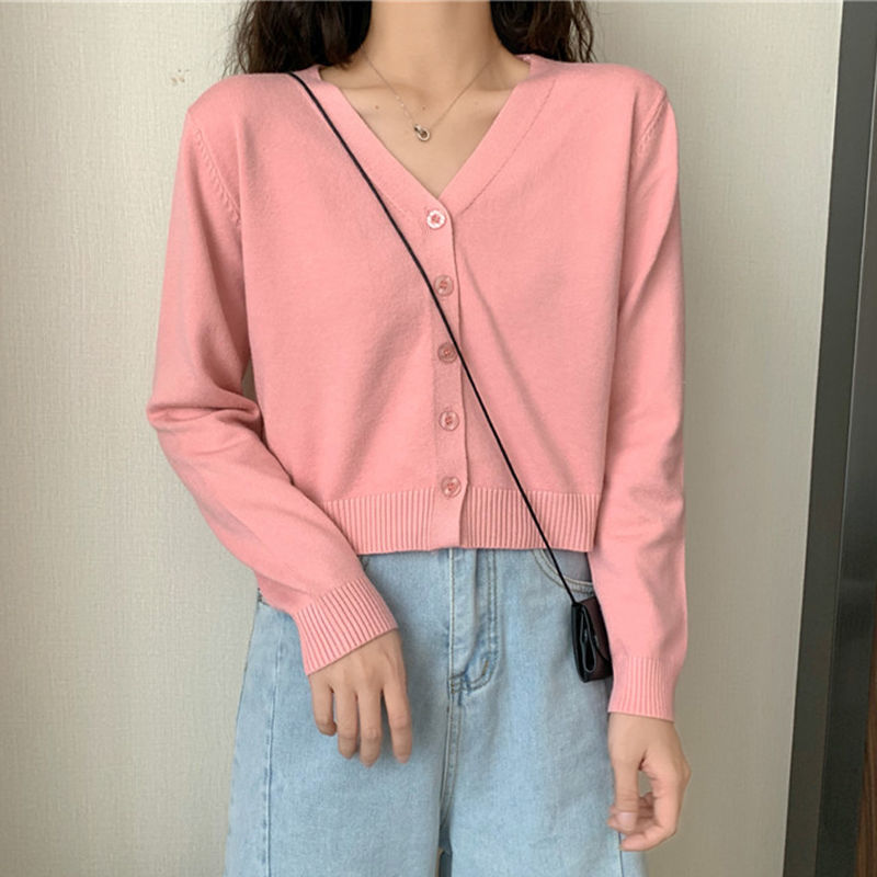 Cardigan Women Spring Autumn All-match Solid Fashion Simple Korean Style Thin Tops Casual Knitted V-neck Streetwear Harajuku New alx