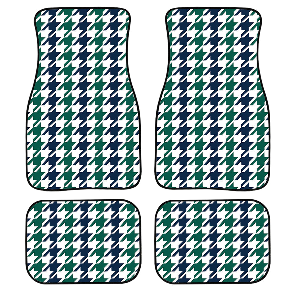 Blue Green And White Houndstooth Print Front And Back Car Floor Mats, Front Car Mat