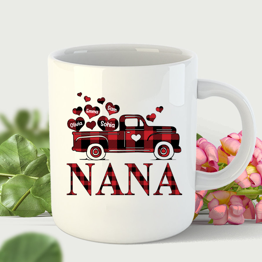 Valentine’S Day Shirt, Nana Truck Red Buffalo Plaid Heart Custom Names Mug