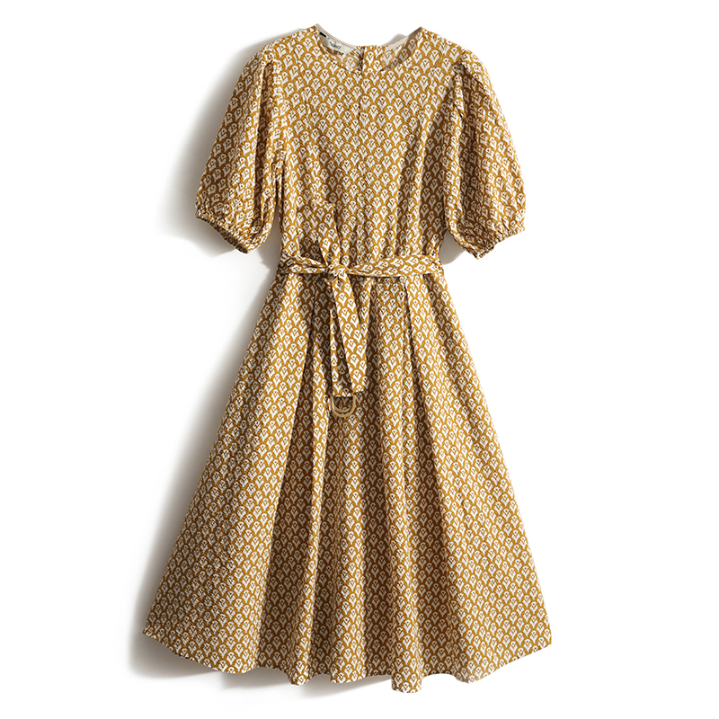 Yellow Printing Cotton Round-Neck Lace Up Women’s Dress 2022 Short Sleeve Elegant Vintage A-Line Knee-Length Dresses For Women alx