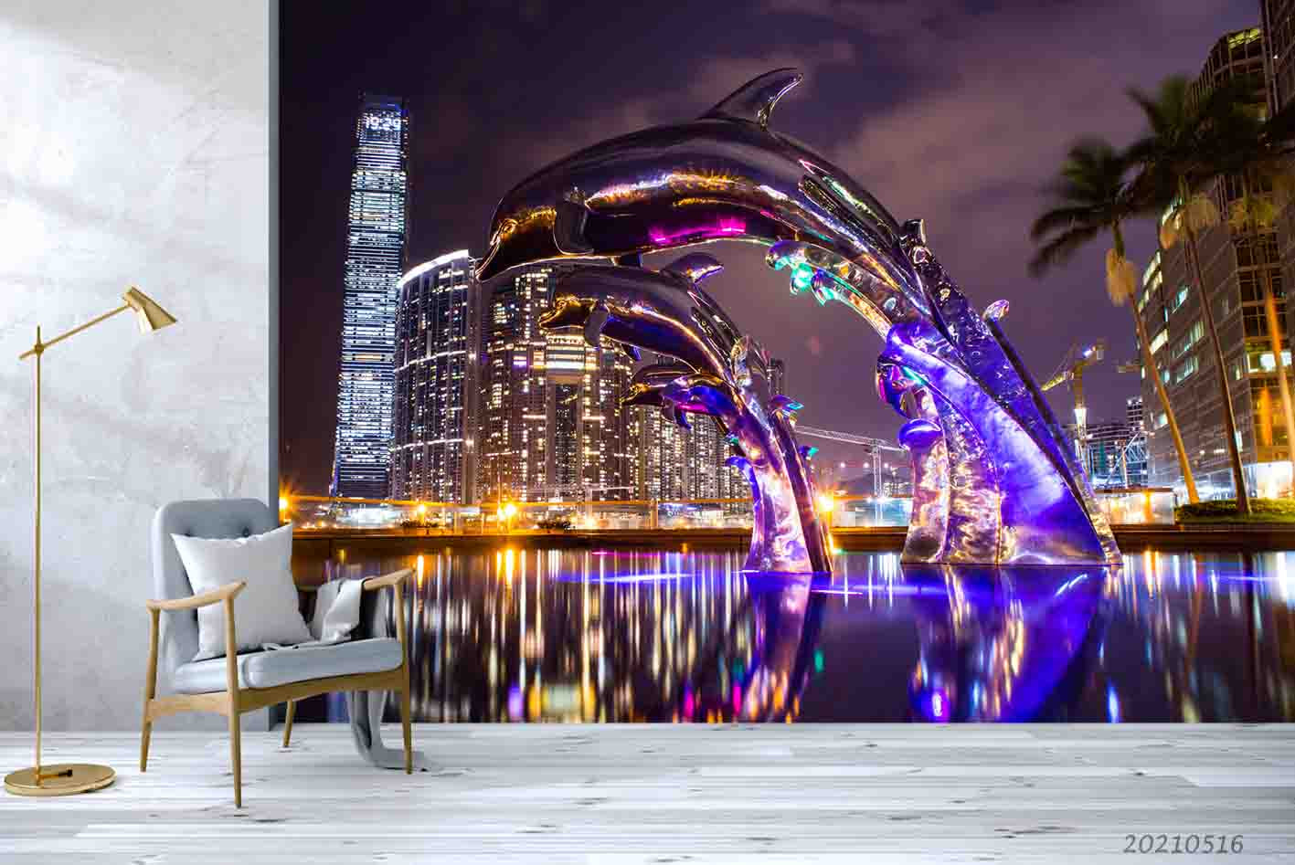 3D City Night View Dolphin Sculpture Wall Mural Wallpaper Lqh 11