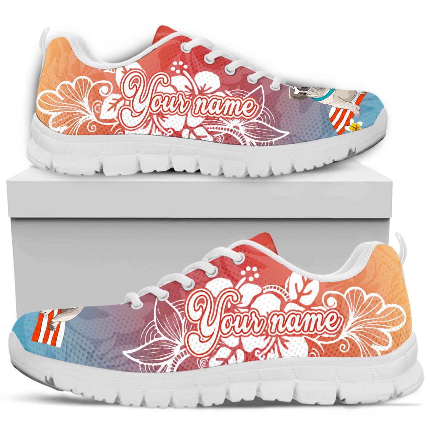 Pug Tropical Flowers Custom Name Women Sneakers For Dog Lovers