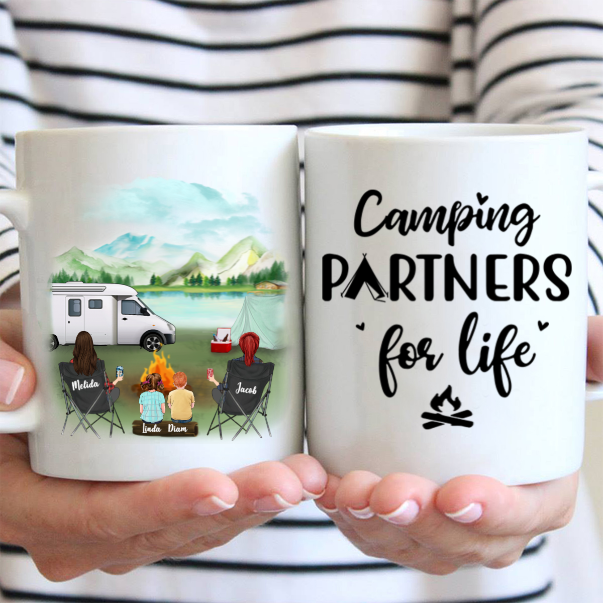 Personalized coffee mug, gift idea for same sex couple, camping lovers – 2 Women with 2 Kids Camping Mug – Camping Partners For Life