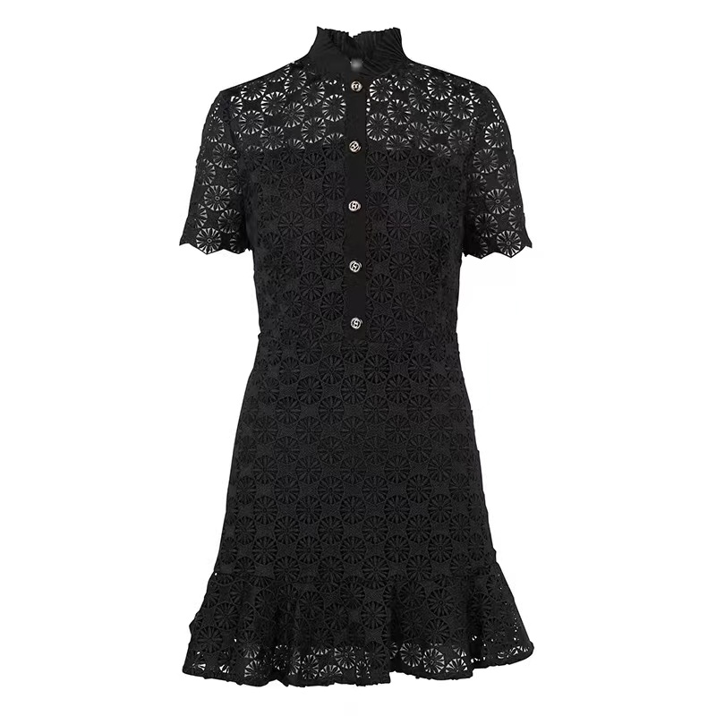 2022 Summer New French Lace Hollow Out Dress Lotus Leaf Collar Short Skirt Women Slim Black Single Breasted Ruffle Fishtail Robe alx