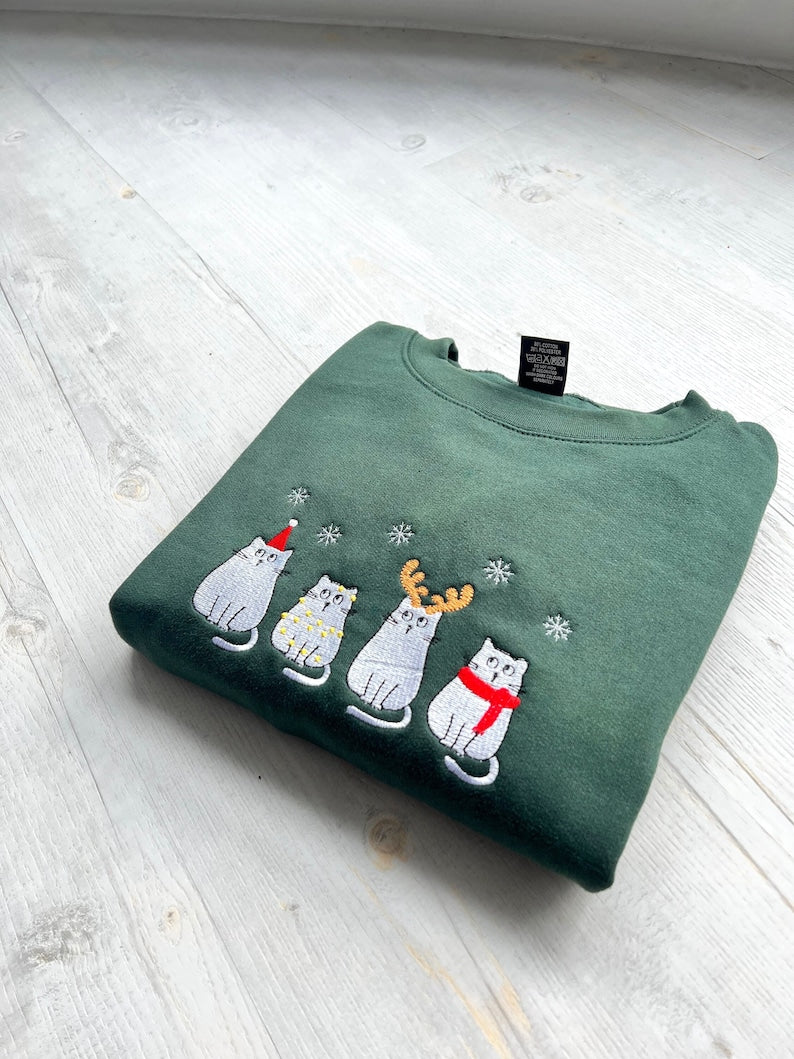 Happy Cat Christmas Embroidered Sweatshirt 2D Crewneck Sweatshirt All Over Print Sweatshirt For Women Sweatshirt For Men Sws4483