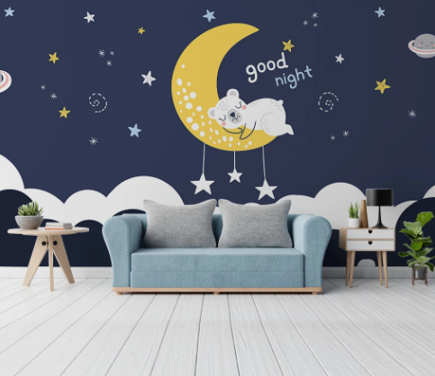 3D Cartoon Animal Bear Moon Star Wall Mural Wallpaper Lqh 612