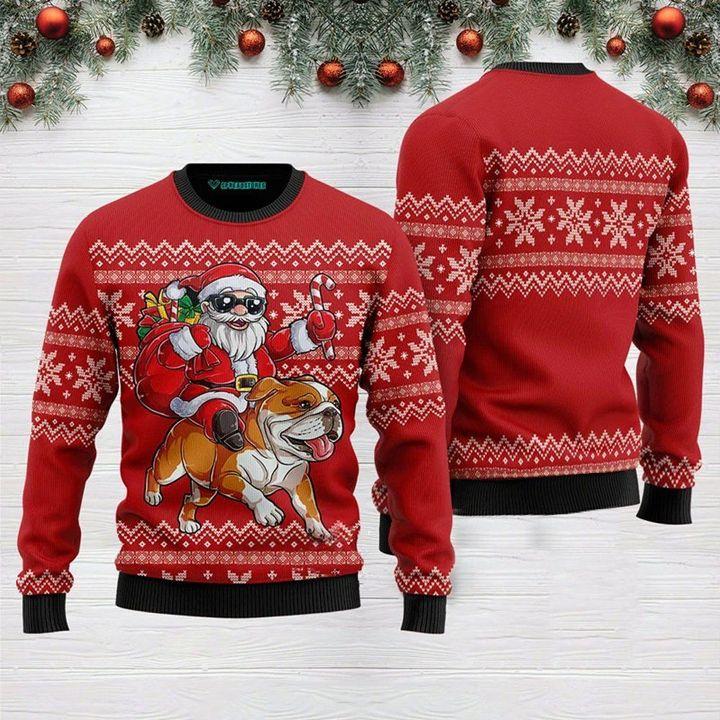 Santa Riding English Bulldog Ugly Christmas Sweater | For Men & Women | Adult | Us3962