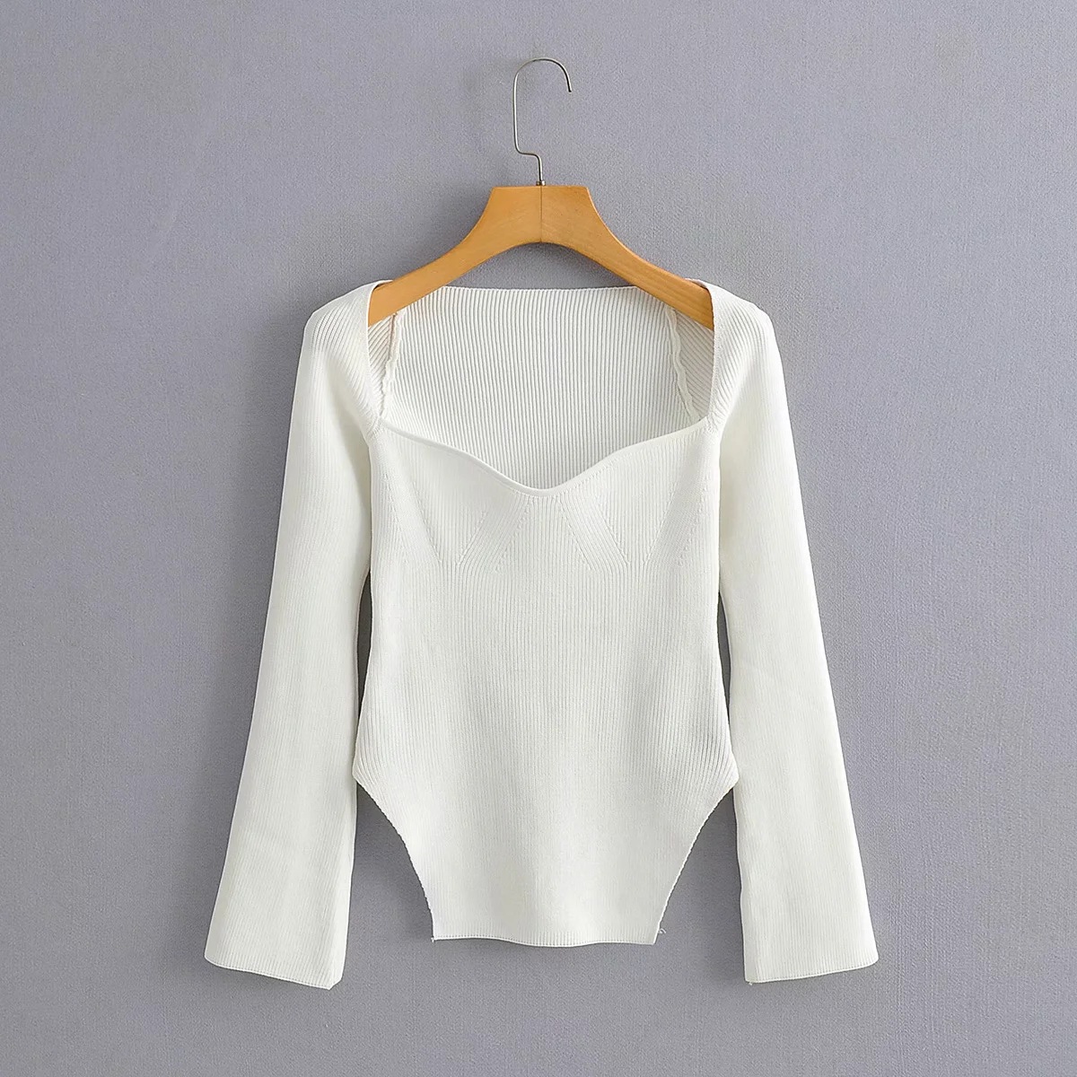 Square Collar Soft Sweaters Cotton Split Stretch Knitted Long Sleeve Spring Top for Woman Black White Jumper Pullover Streetwear alx