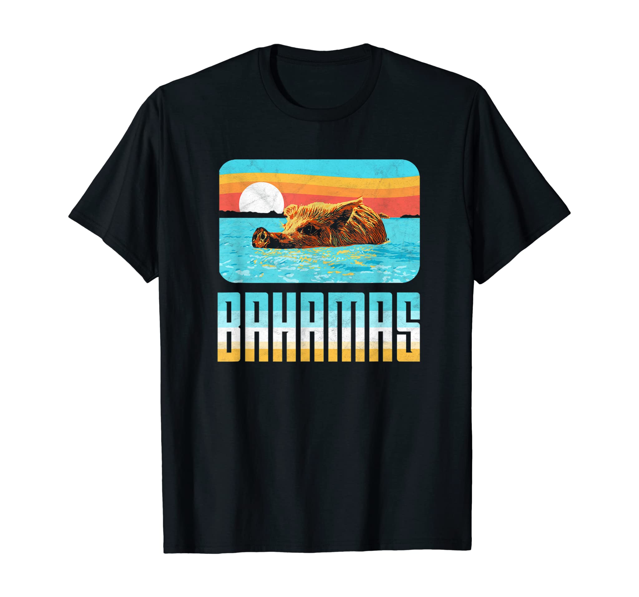 Retro Bahamas Swimming Pig Funny Vintage Feral Hog Beach T-Shirt