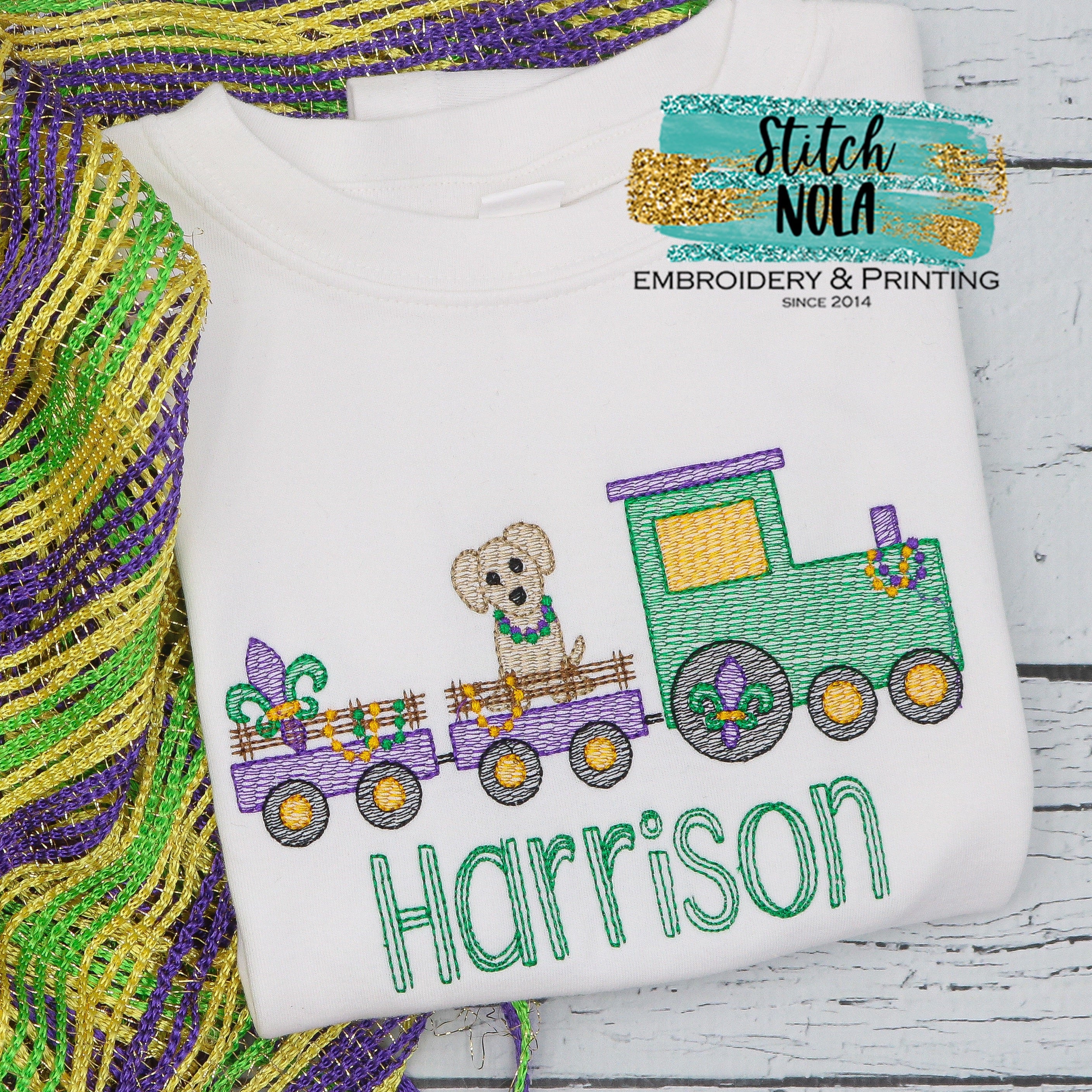 Personalized Mardi Gras Train With Puppy Sketch Shirt