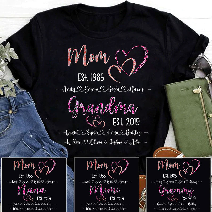 Mom Est Grandma Est And Kid Names Heart Leopard T-Shirt