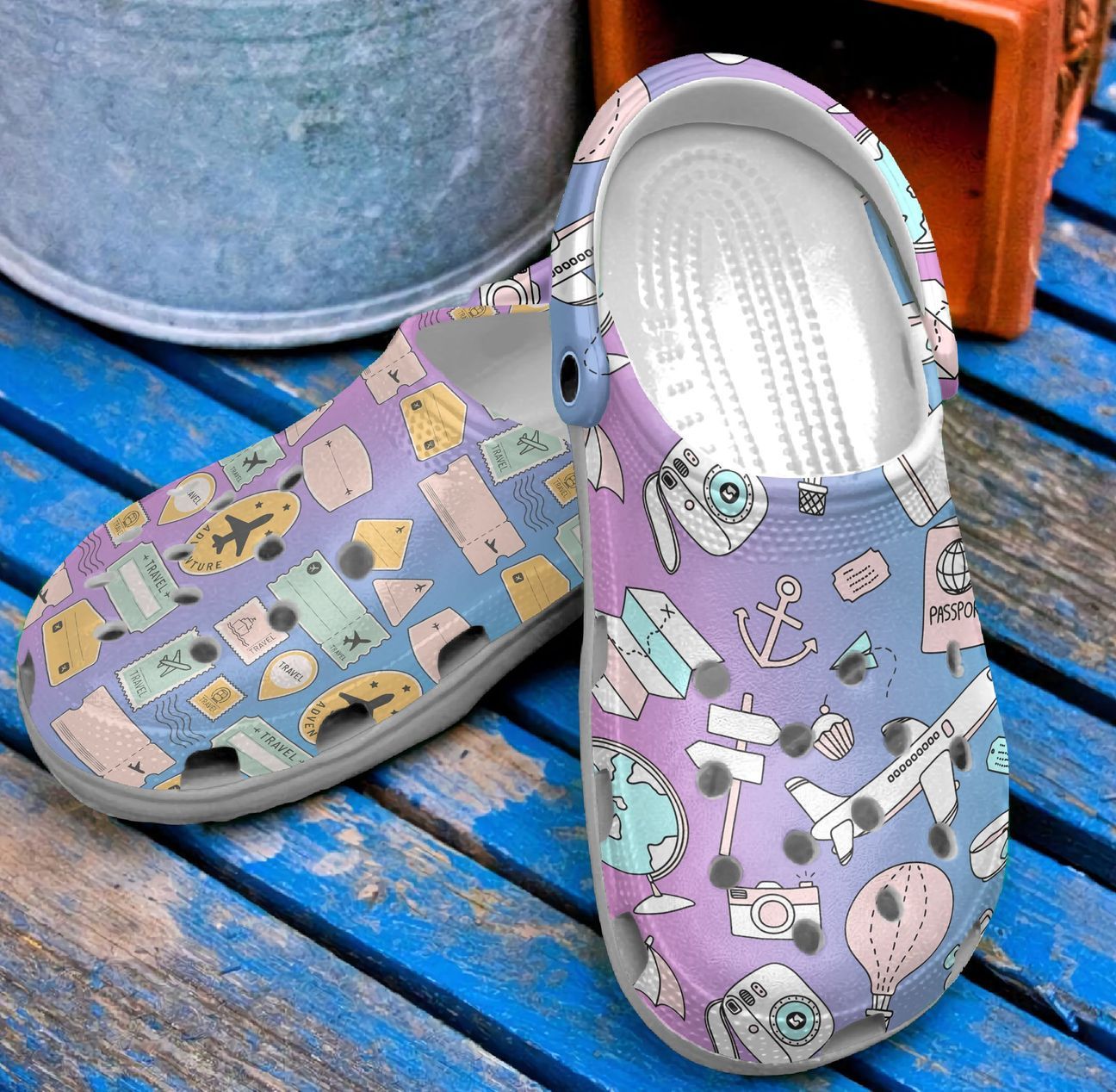 Travel Personalized Clog, Custom Name, Text, Color, Number Fashion Style For Women, Men, Kid, Print 3D Travelling Icons Holopink Vr