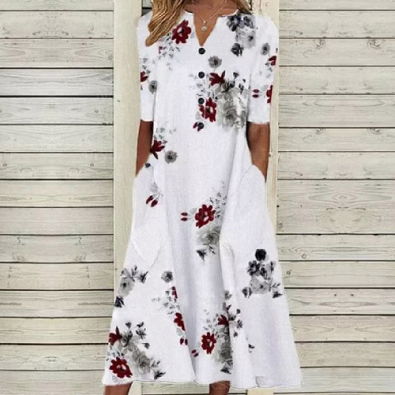 2022 Spring Vintage Print Dress Casual Loose Flower Ladies Dresses Elegant Women Dresses V Neck Short Sleeve Party Dress Women alx