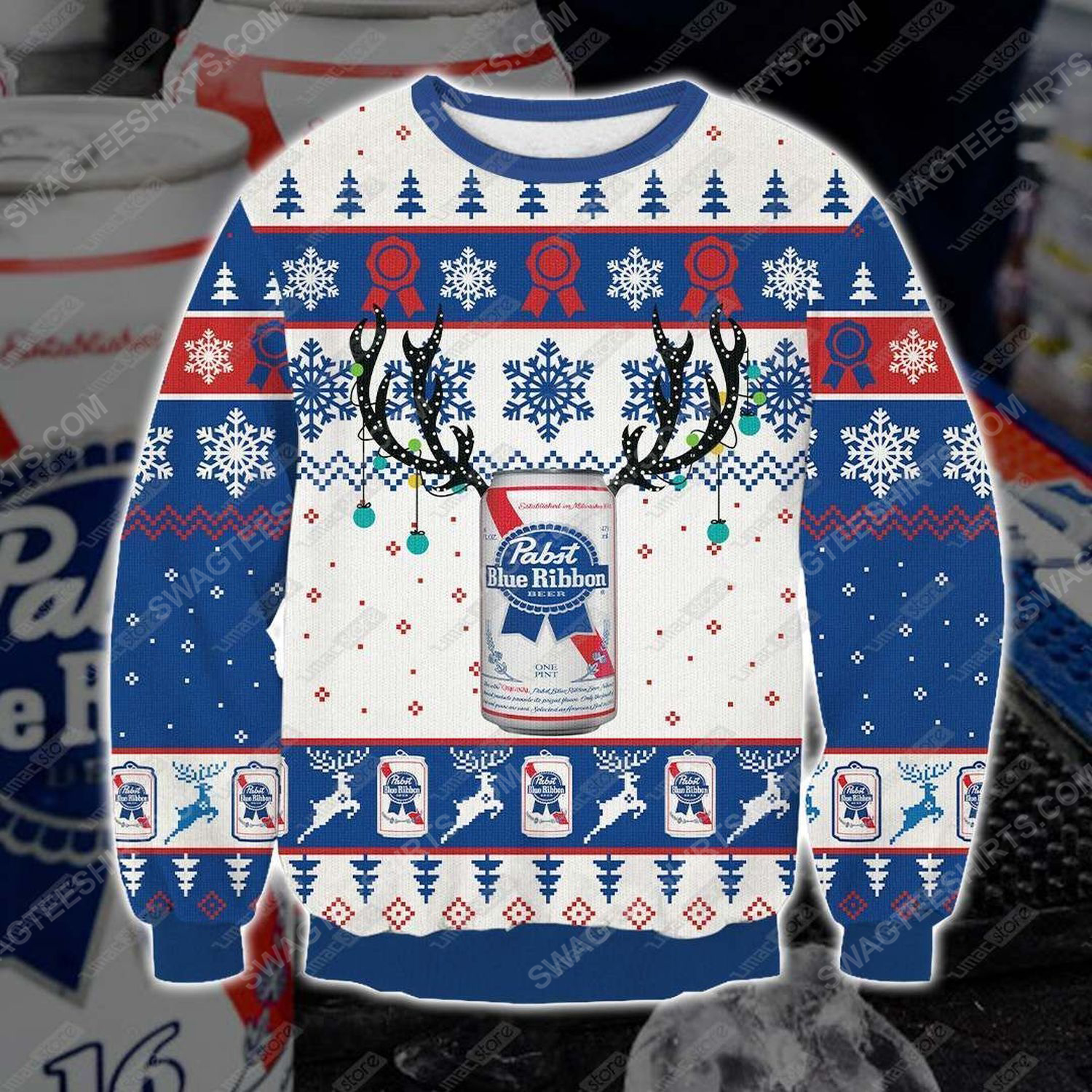 Pabst Blue Ribbon Beer Ugly Christmas Sweater T-Shirt