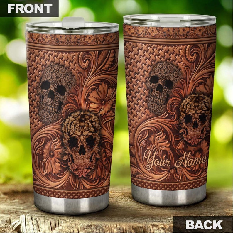 Skull Wood Leather Style Personalized Fancy Unique Tumbler-Skull Tumbler-Skull Birthday Gift Christmas Gift For Her For Him