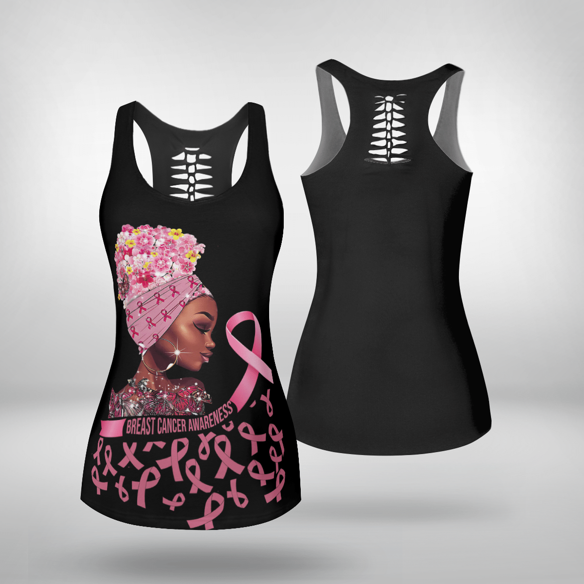 Black Women Breast Cancer Awareness Hollow Tank Top Legging For Black Girl Cancer All Over Print 3D Legging Set