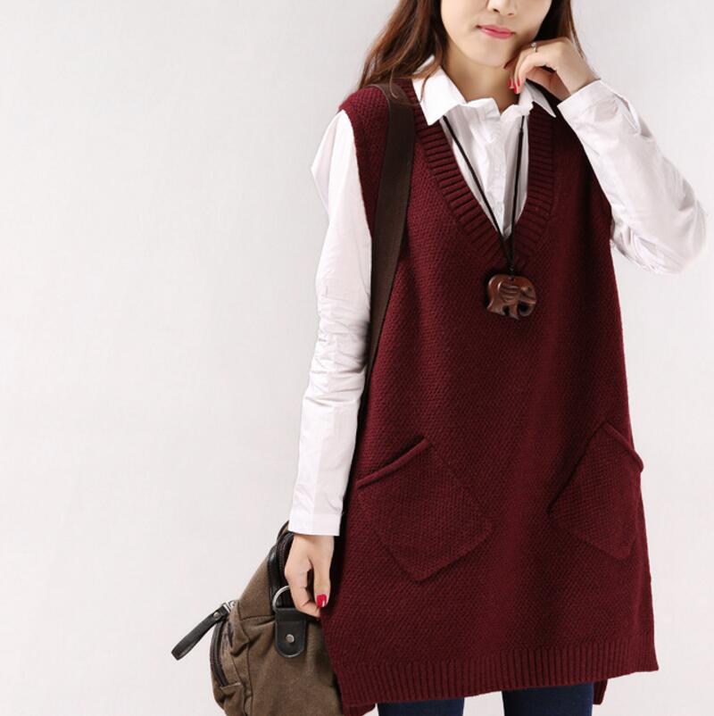 2022 Women Sweater Spring Autumn New Korean Women’s V-neck Knit Long A-shaped Pocket Vest Pullover Sleeveless alx