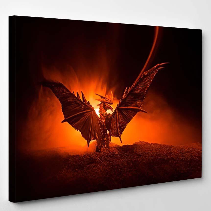 Silhouette Fire Breathing Dragon Big Wings – Dragon Animals Canvas Print