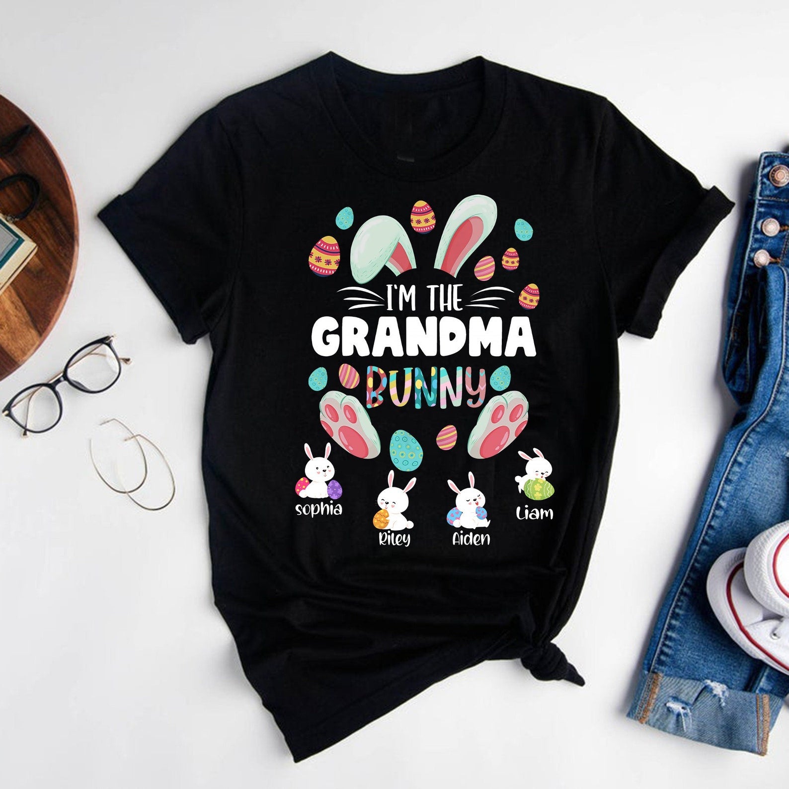 Personalized T-Shirt I’M The Grandma Bunny Cute Bunny With Easter Eggs Printed Custom Grandkids Name Easter Day Shirt