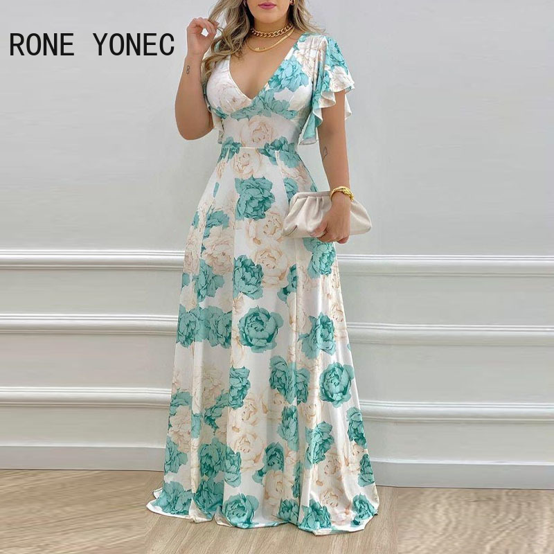 Women Elegant Chiffon Deep V-neck Floral Pattern Butterfly Sleeves Maxi White Vacation Dresses alx